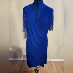 Glamour Royal Blue Midi Dress with Sparkling Sleeves